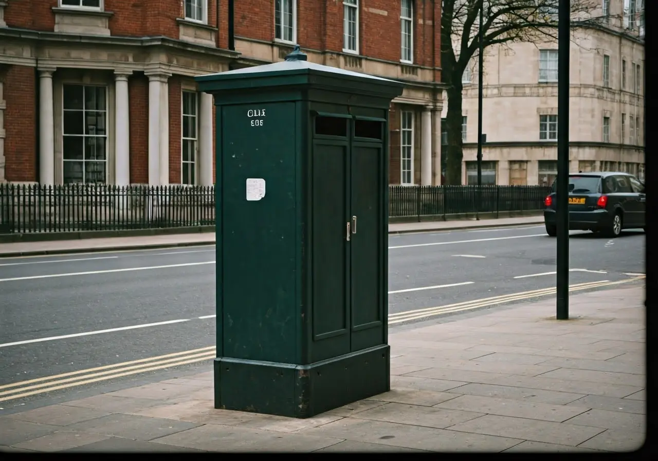 A sleek, modern call box on a city street corner. 35mm stock photo