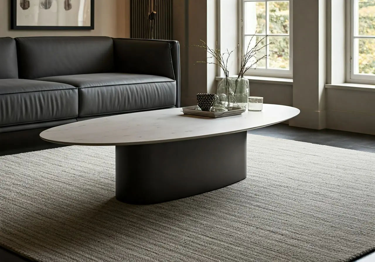 A sleek oval coffee table in a modern living room. 35mm stock photo