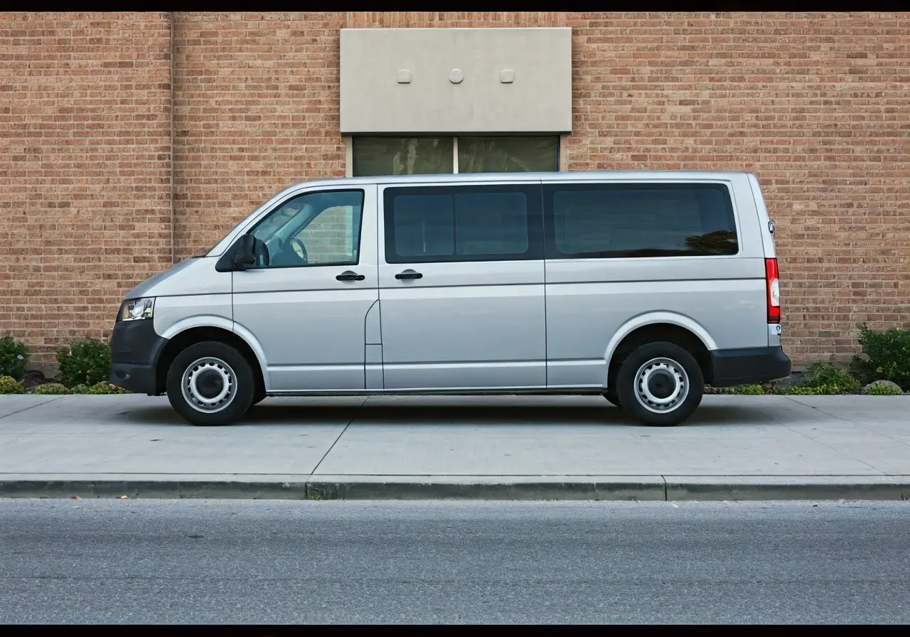 A wheelchair-accessible van parked beside a sidewalk ramp. 35mm stock photo