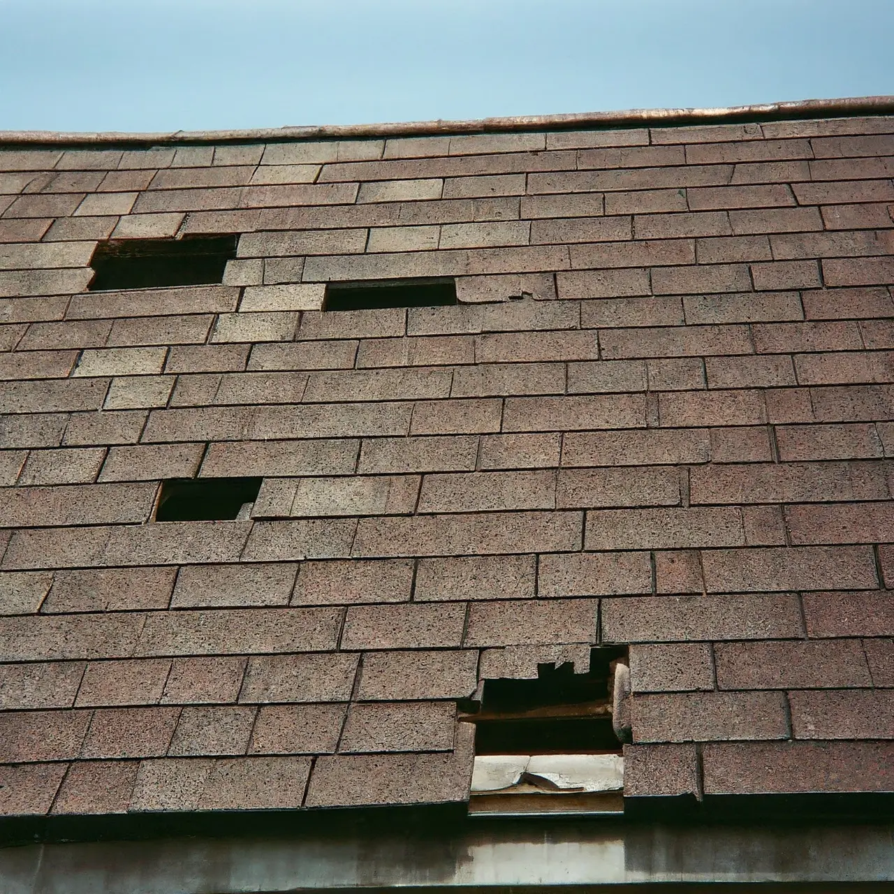 A roof with missing and damaged shingles. 35mm stock photo