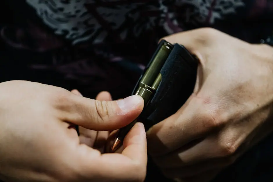 Detailed view of hands loading ammunition into a magazine. Focus on preparation and readiness.