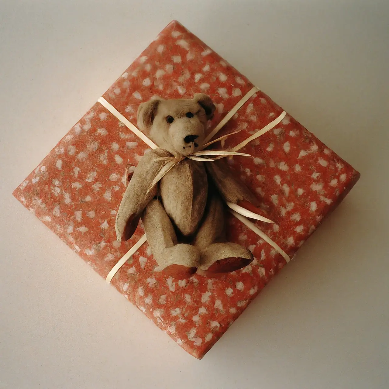 A beautifully wrapped gift box with a small teddy bear. 35mm stock photo