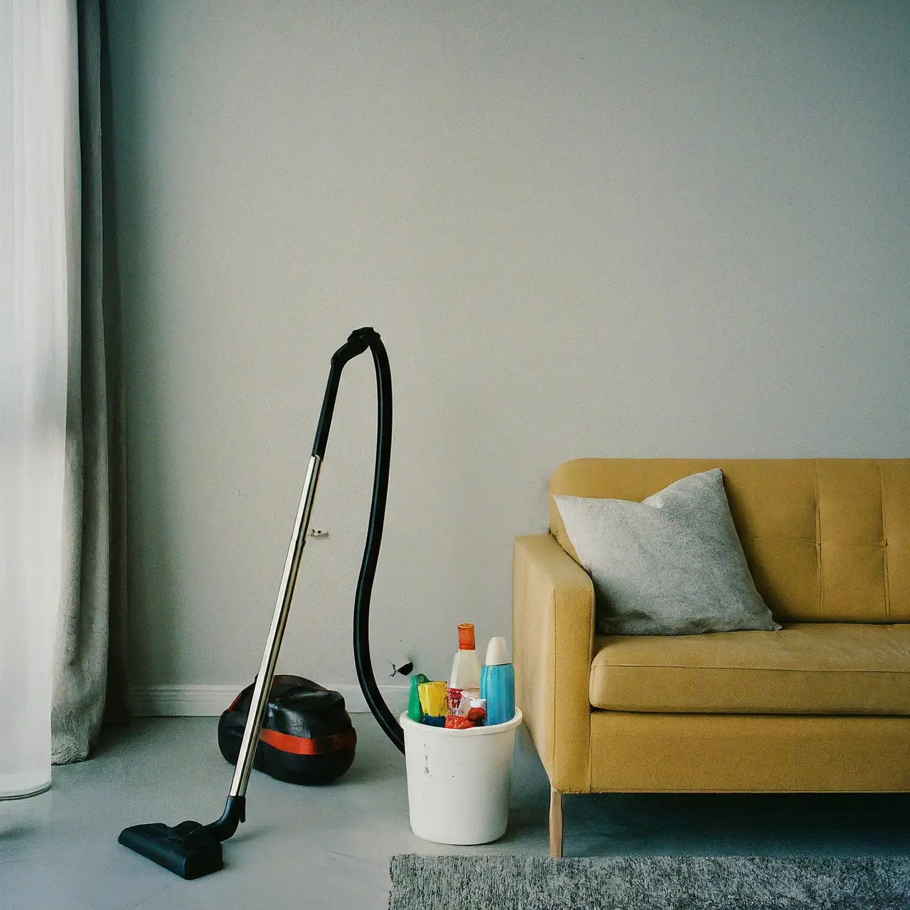 A clean, modern apartment with a vacuum and cleaning supplies. 35mm stock photo