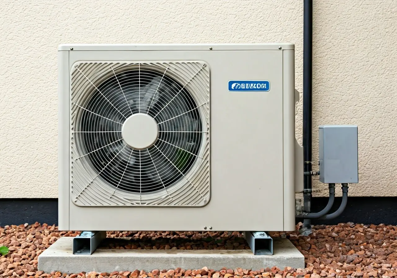 A modern heat pump unit installed outside a suburban home. 35mm stock photo