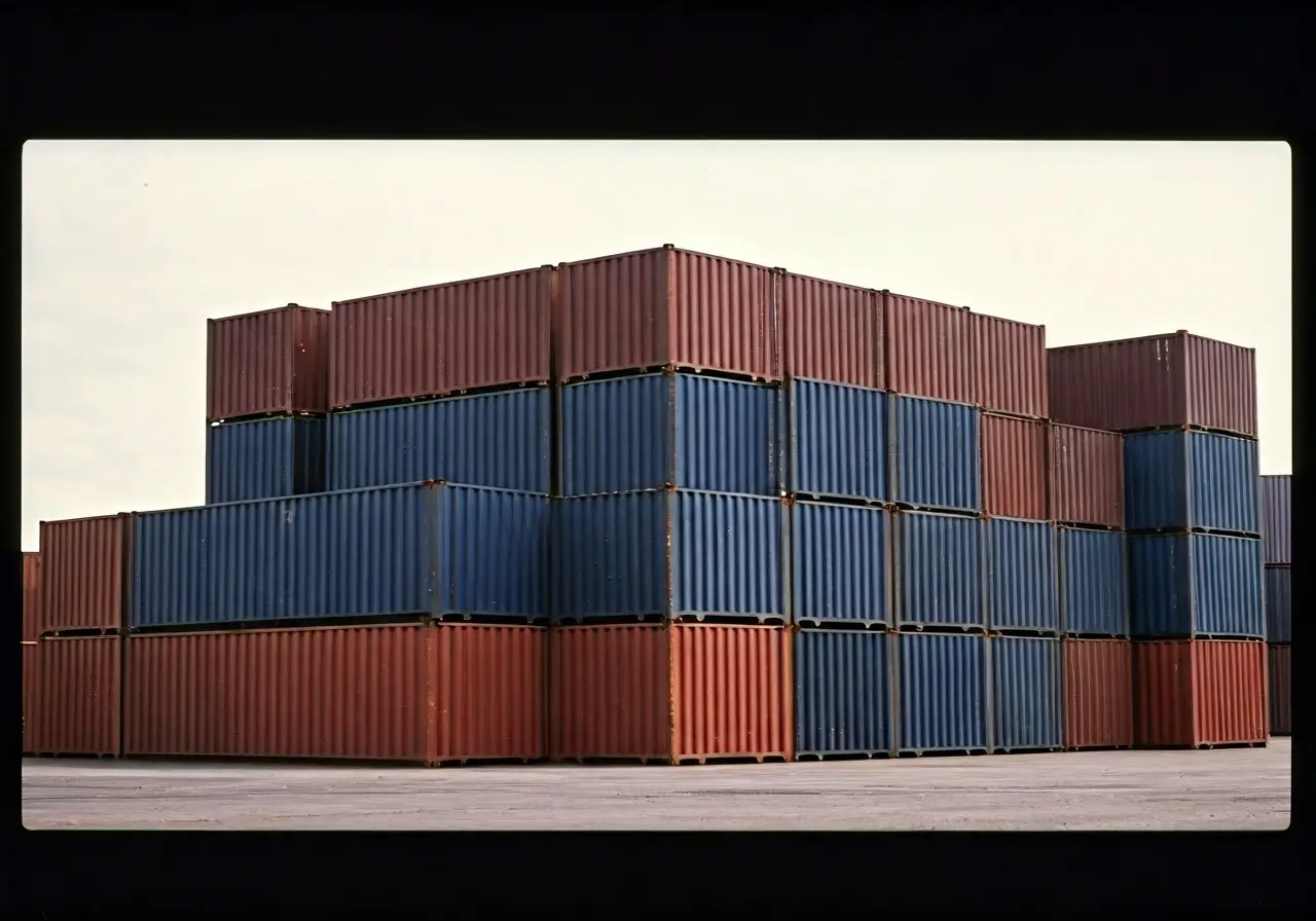 Stacks of shipping containers at a busy port. 35mm stock photo