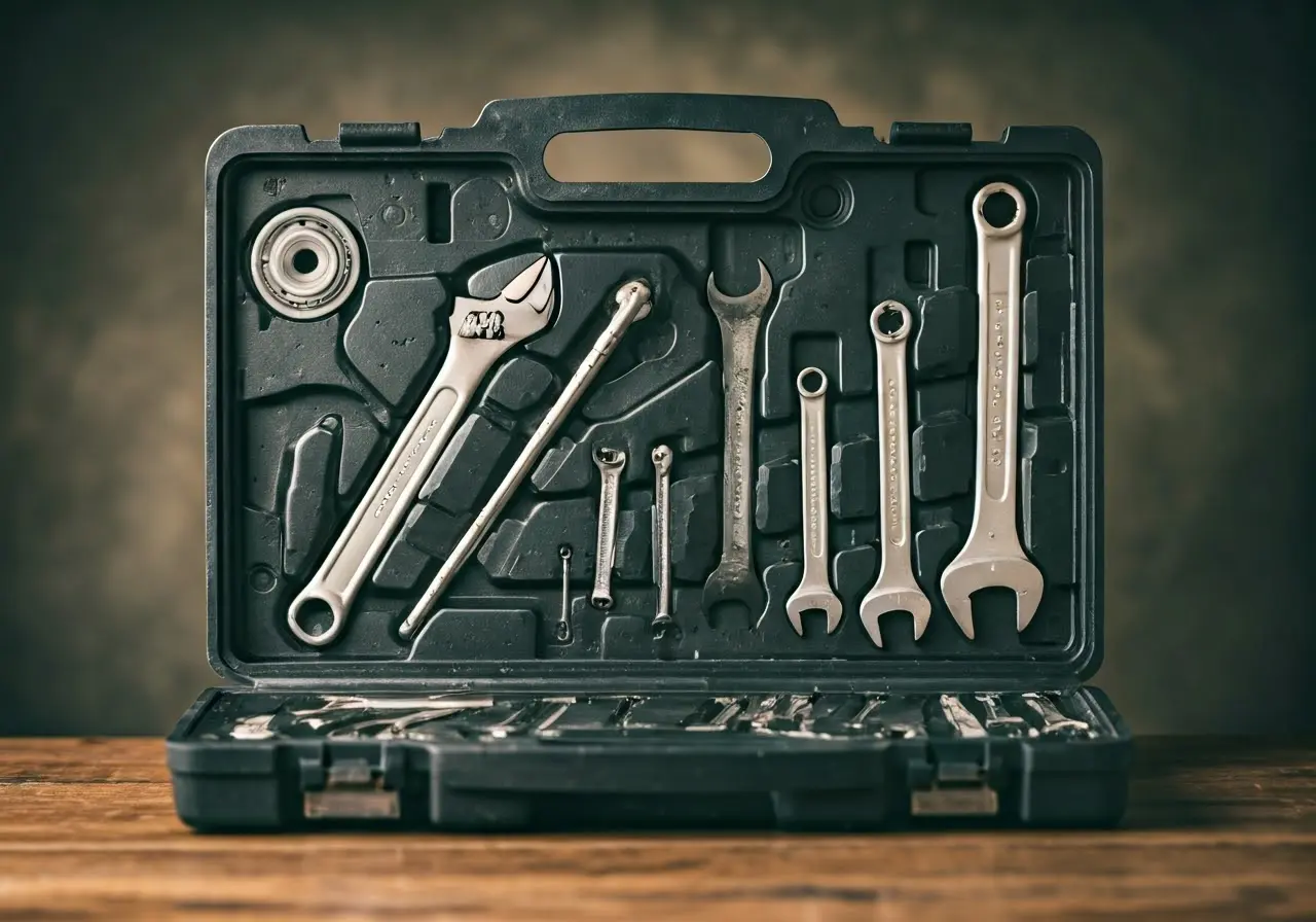 A toolbox with various tools neatly organized inside. 35mm stock photo