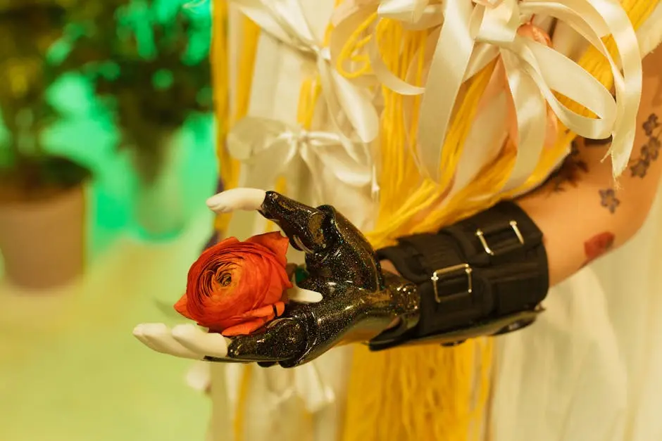 Close-up of a prosthetic arm holding a vibrant red rose, highlighting innovation and beauty.