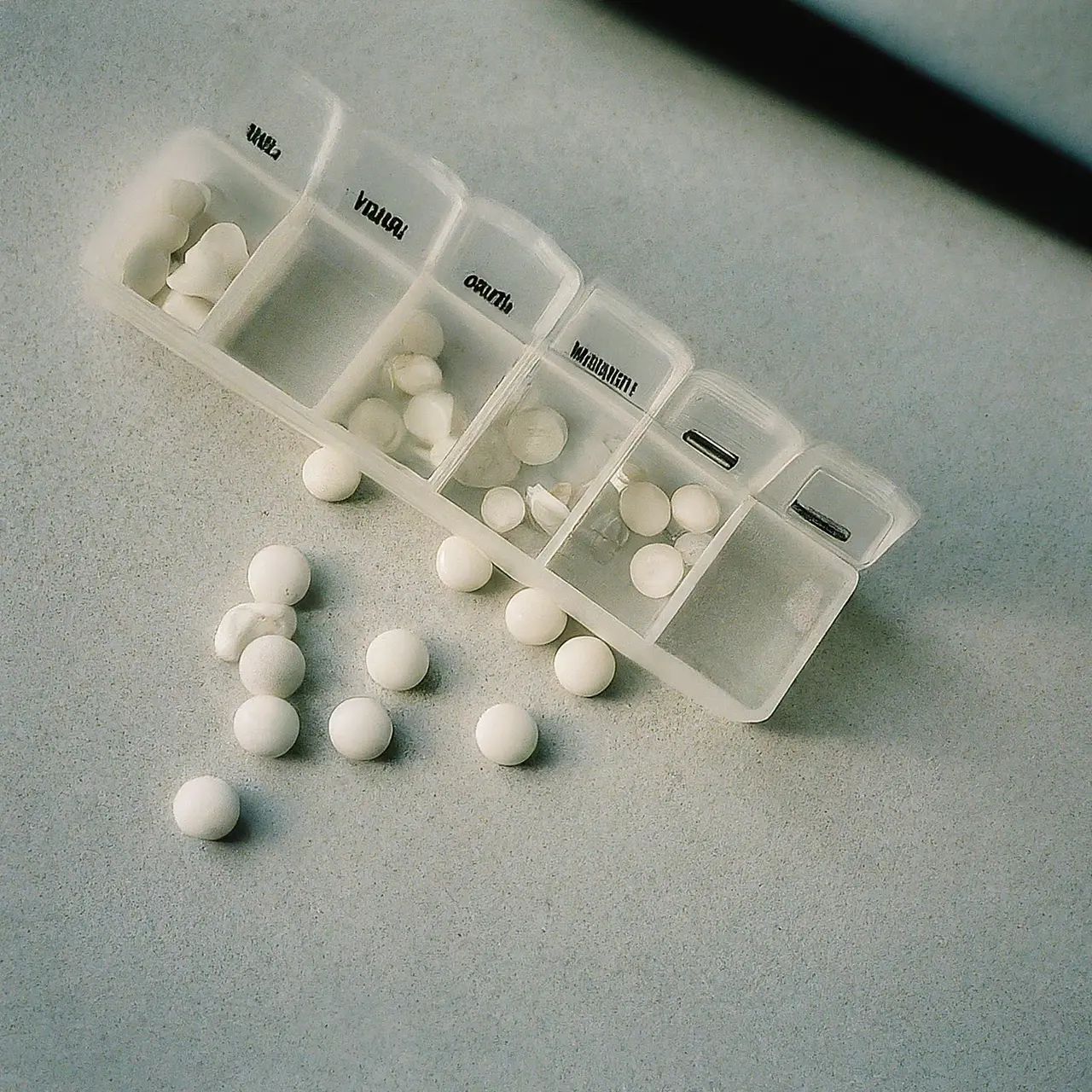 Pills organized in a labeled weekly medication planner. 35mm stock photo