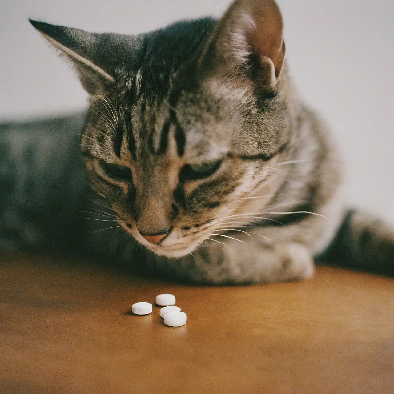 A cat calmly taking medication with a relaxed environment. 35mm stock photo