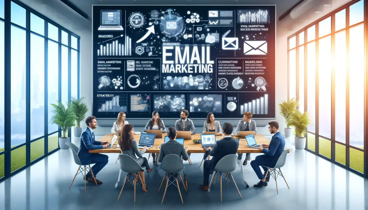 This image features a professional digital marketing team working on email marketing campaigns. The modern office setting includes laptops and charts displaying email marketing success stories, strategies, tools, and customer engagement metrics. The collaborative atmosphere emphasizes the team's effort in creating effective email marketing strategies, highlighted by the Digital Marketing Burst logo."