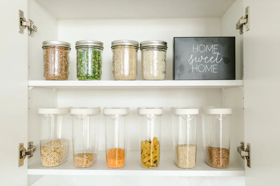 Neatly arranged glass and plastic jars containing grains and pasta in a kitchen cabinet.