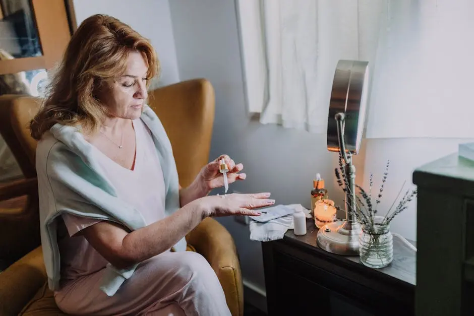 Mature woman applying skincare products in a cozy home spa setting, creating a relaxing atmosphere.