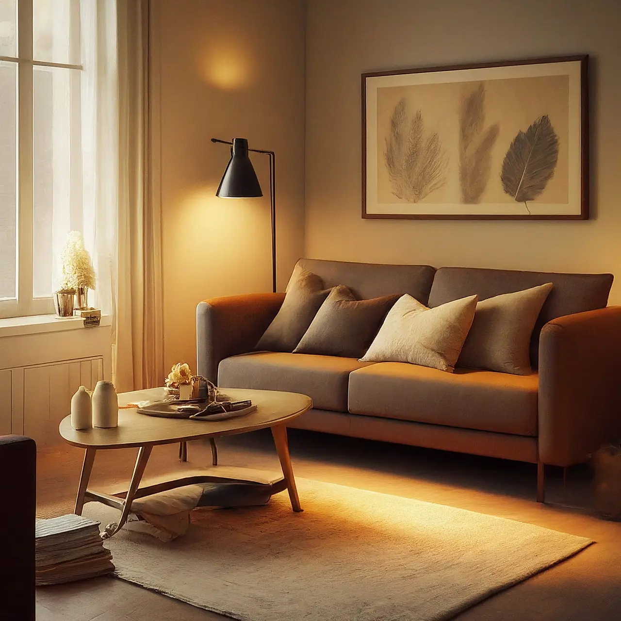 A cozy living room with soft ambient lighting and comfort items. 35mm stock photo