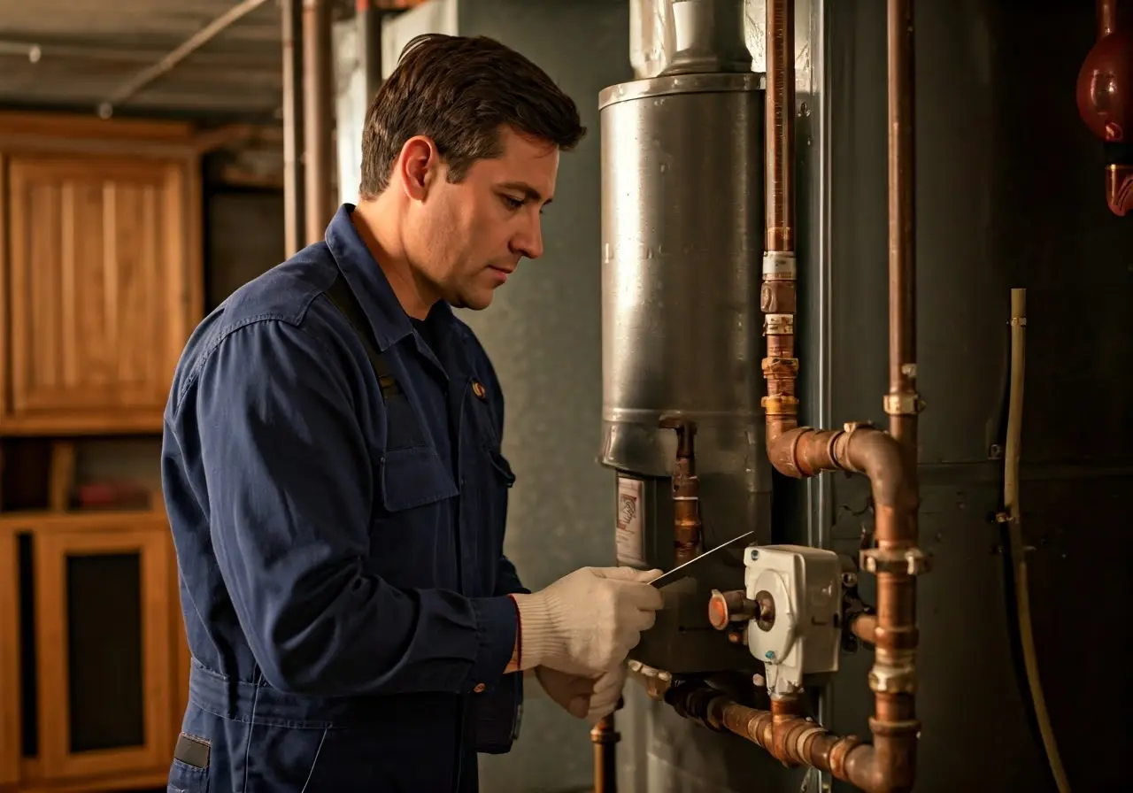 A technician inspecting a furnace in a residential basement. 35mm stock photo