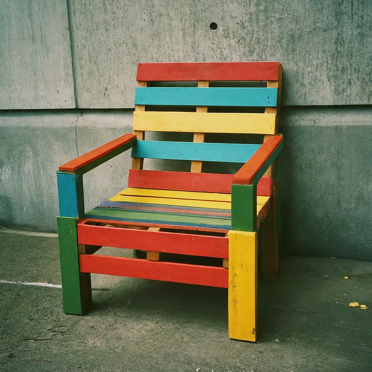 A colorful chair made from repurposed wooden pallets. 35mm stock photo