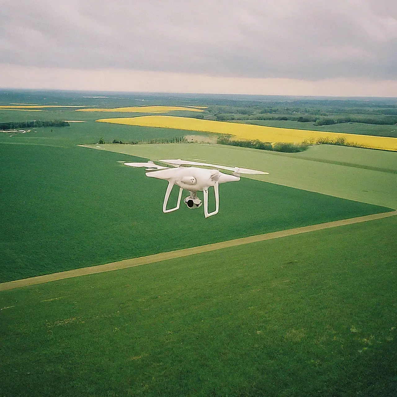 A drone flying over a lush green farmland. 35mm stock photo