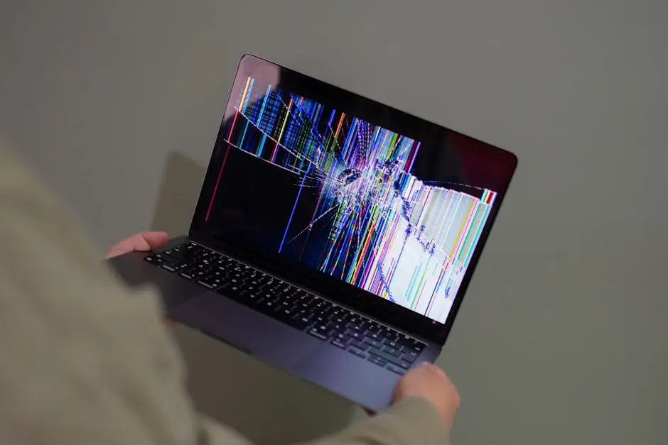 A broken laptop screen displayed with colorful glitch being held by a person.