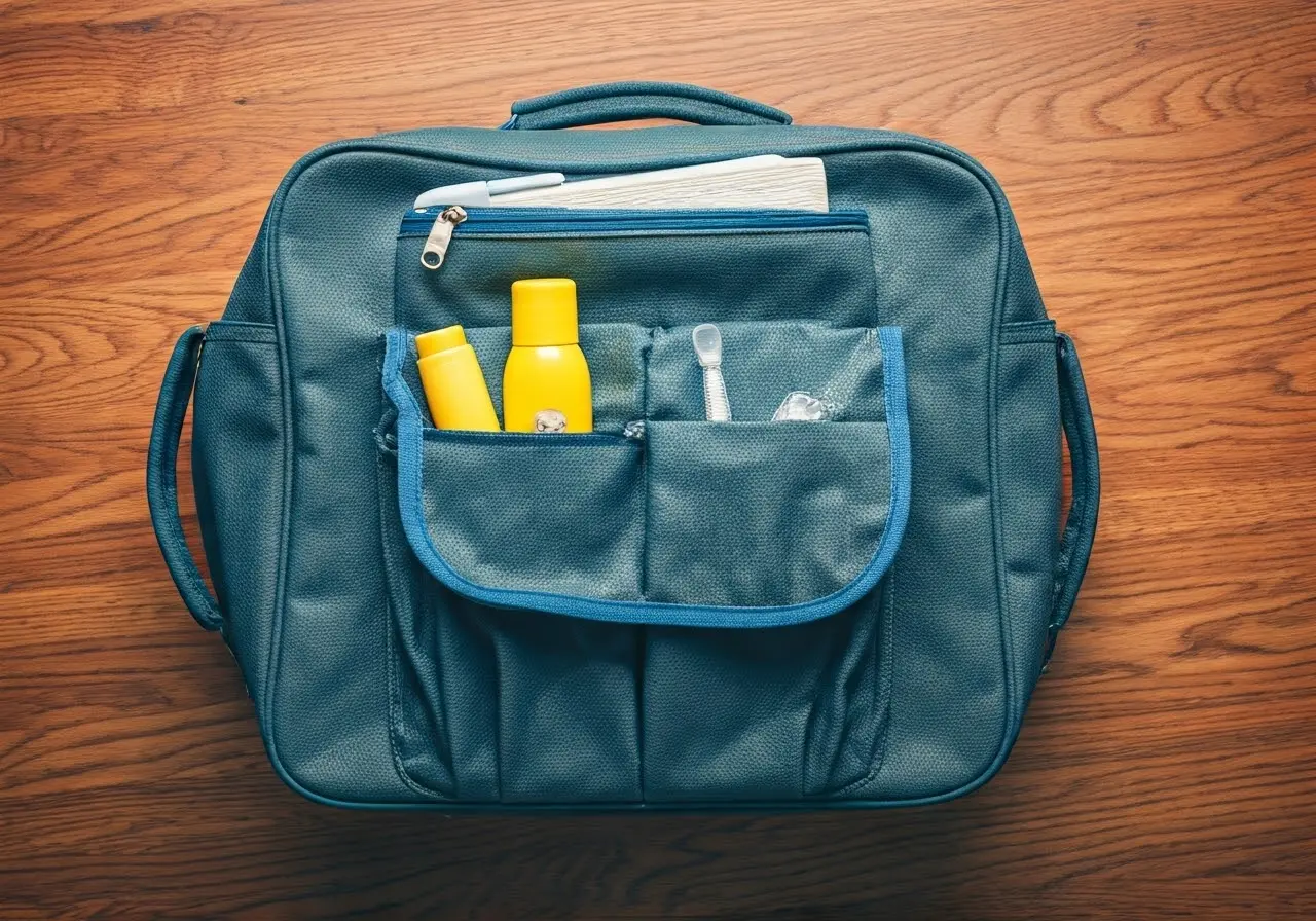 An organized travel bag surrounded by children’s travel essentials. 35mm stock photo