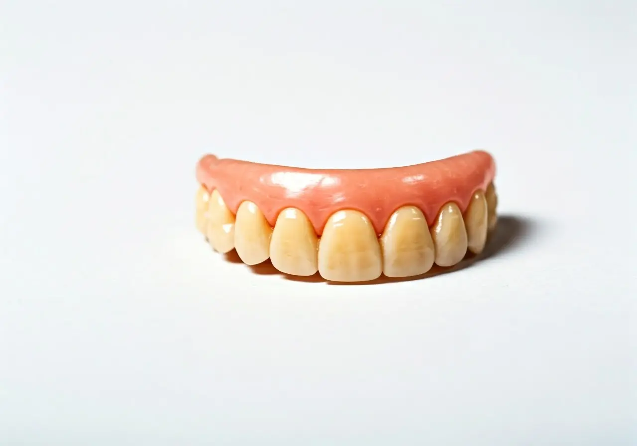 Dental prosthetics laid out on a clean white background. 35mm stock photo