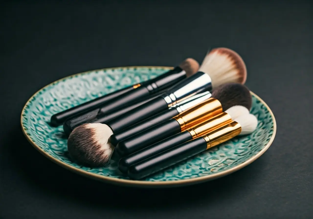 A collection of skincare brushes on a decorative ceramic tray. 35mm stock photo