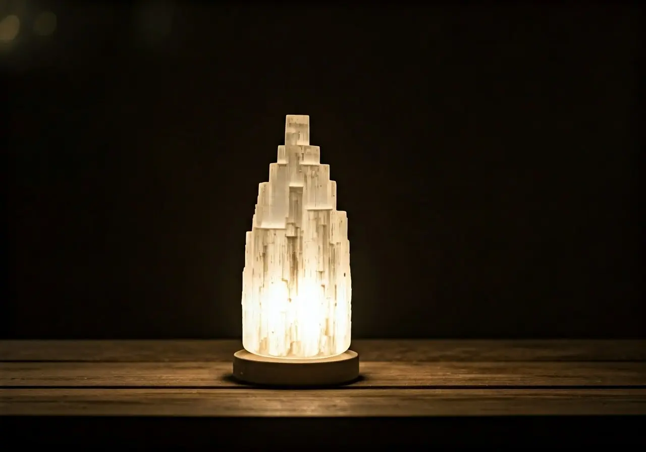 A glowing selenite lamp on a wooden table at dusk. 35mm stock photo