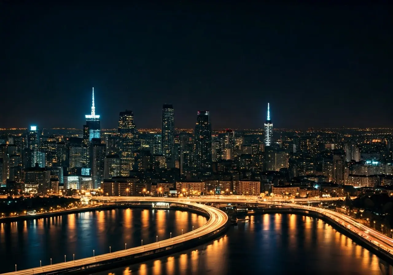 A syringe with botox against a sparkling city skyline. 35mm stock photo