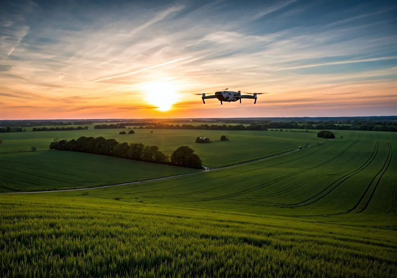 A drone flying over a lush green farmland at sunrise. 35mm stock photo