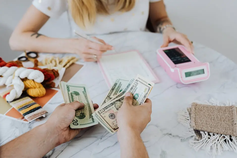 Two people handling cash and budgeting with a calculator and notebook at a table.