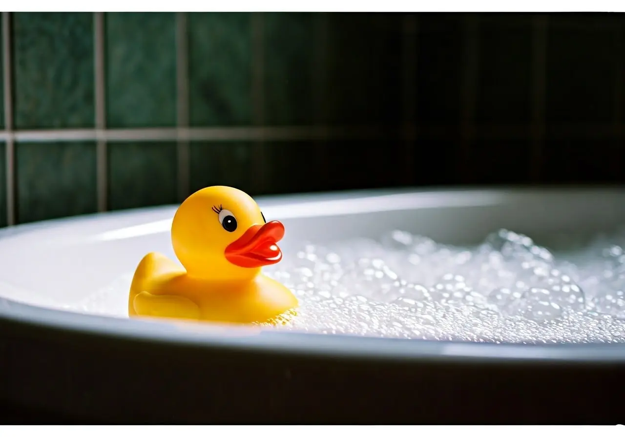 A rubber duck and bubble bath in a cozy bathroom. 35mm stock photo