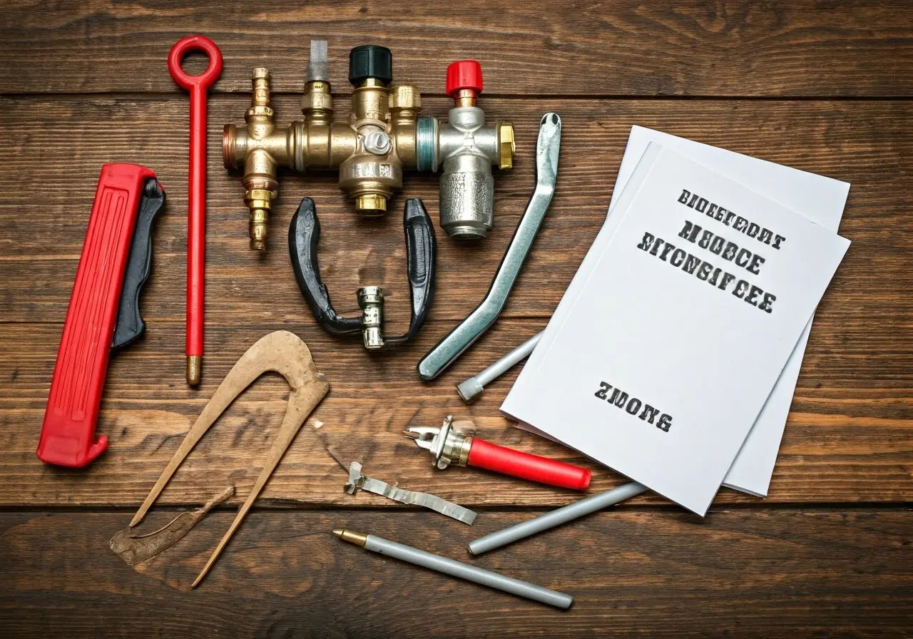 Tools and manuals for DIY heating system repairs. 35mm stock photo