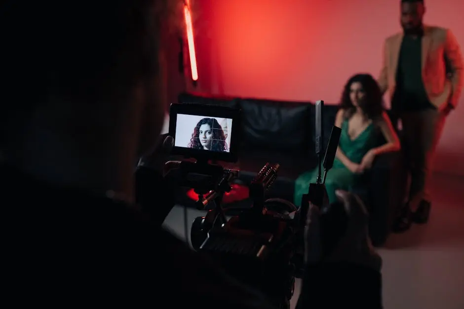 Behind the scenes of a studio filming session focused on actors within a creative setup.