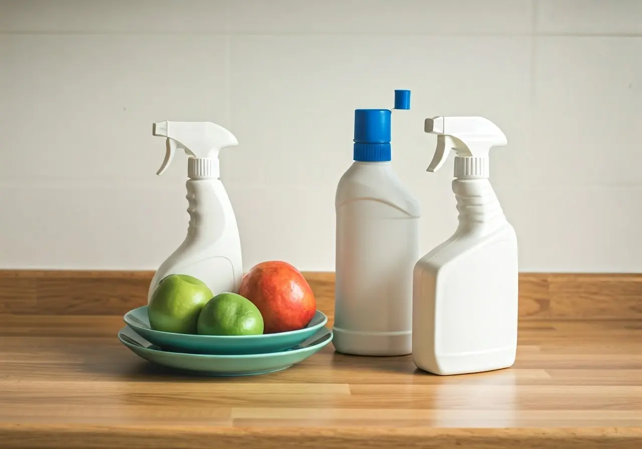 A spotless kitchen countertop with neatly organized cleaning supplies. 35mm stock photo