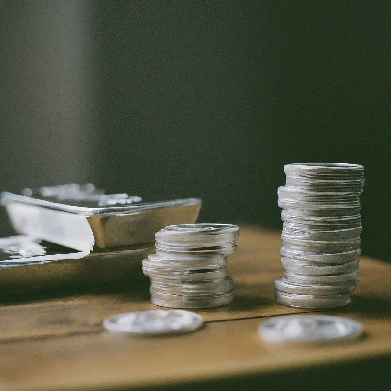 Stacks of silver coins and bars on a wooden surface. 35mm stock photo