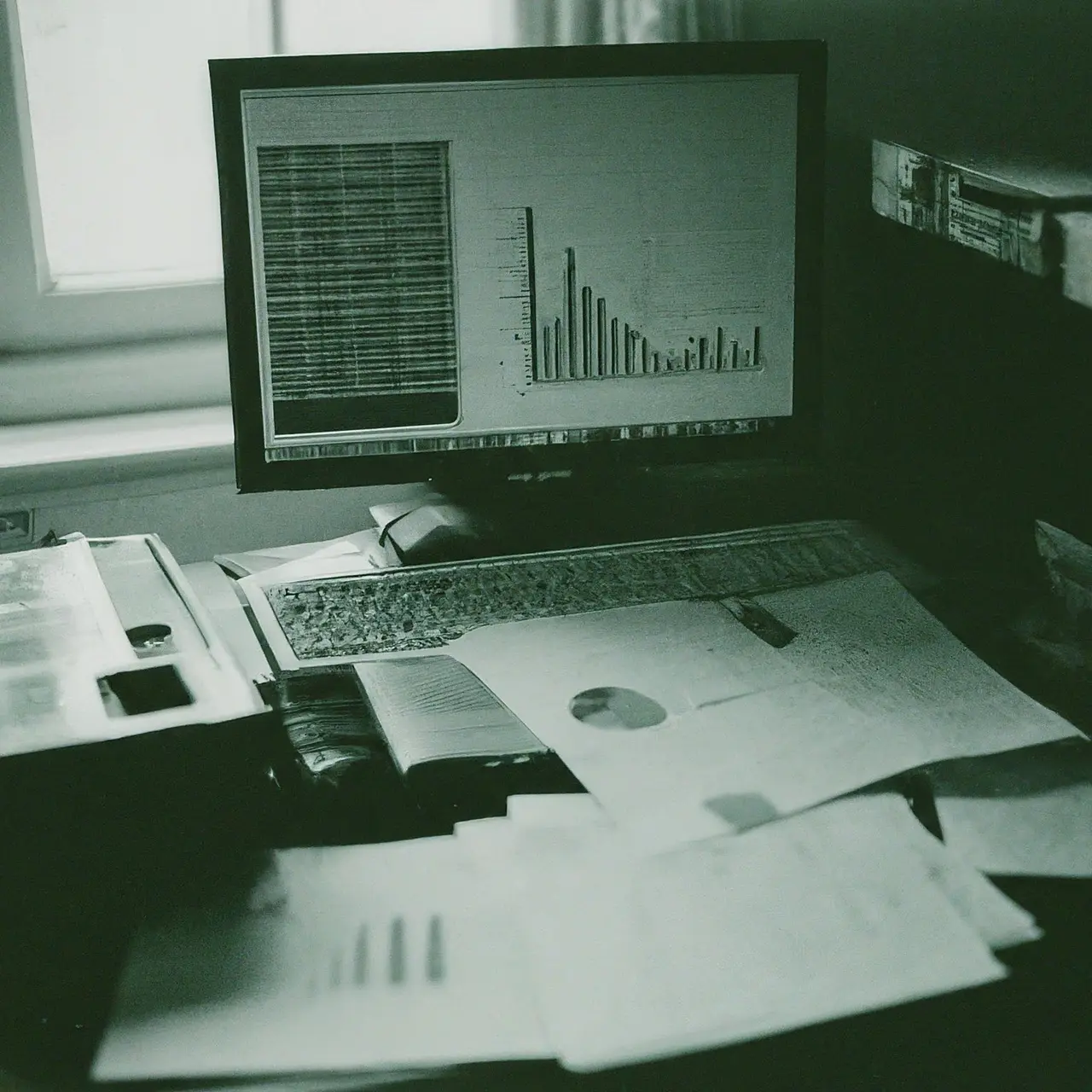 A computer with sales graphs and support documents. 35mm stock photo