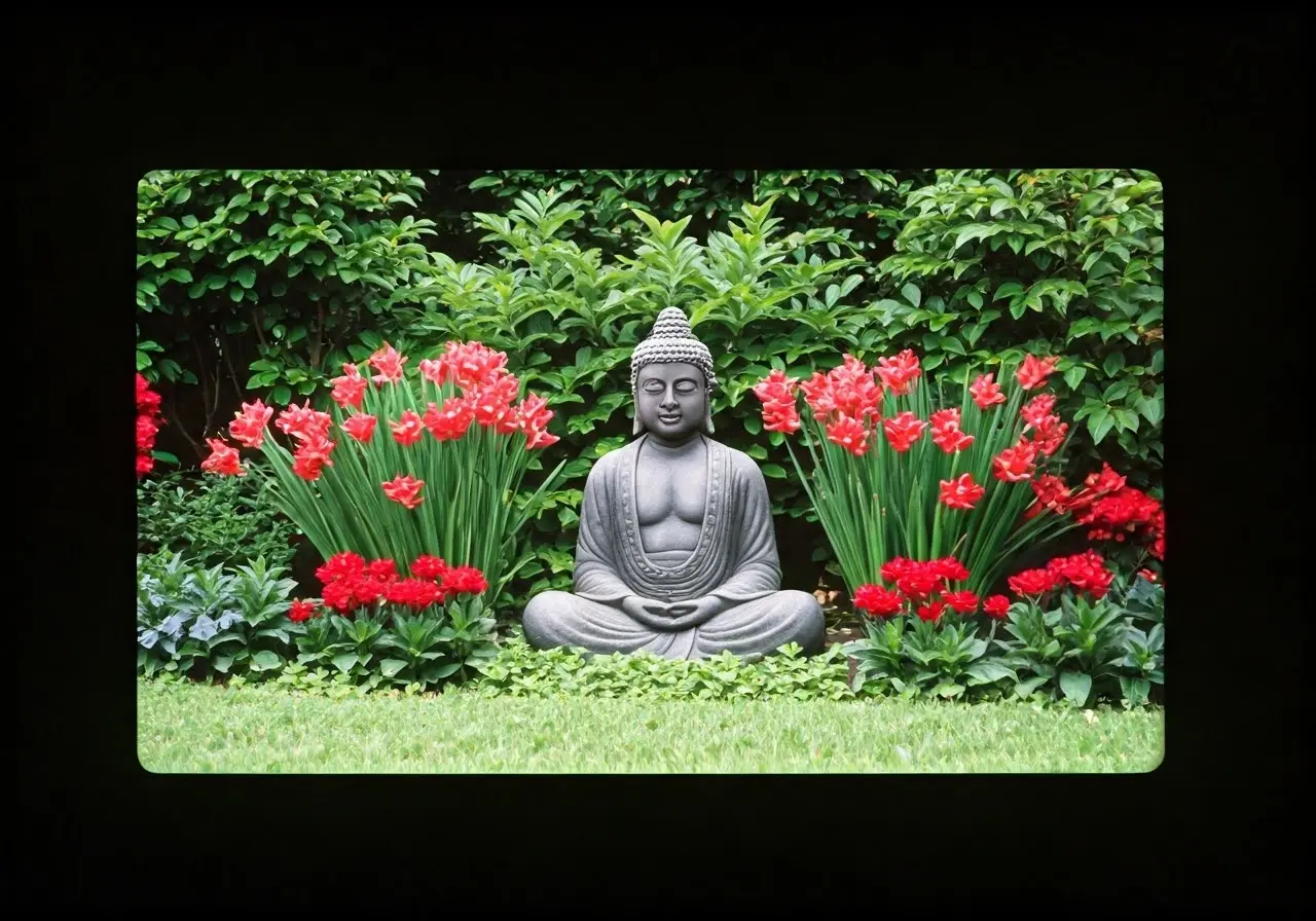 A serene garden with vibrant flowers and a meditation statue. 35mm stock photo