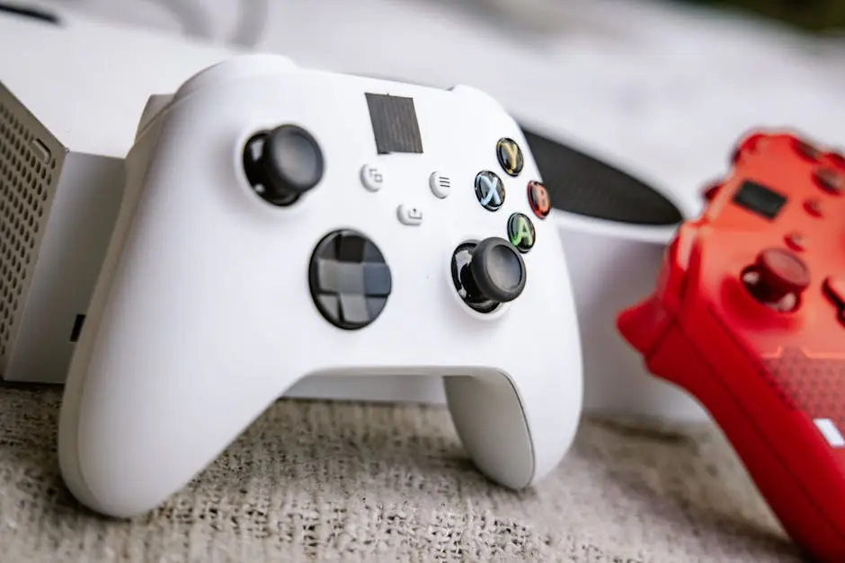 A close-up shot of white and red gaming controllers on a textured surface, highlighting modern gaming technology.