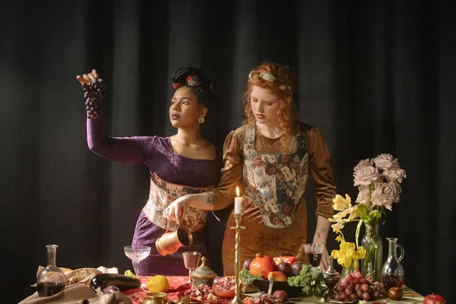 Two women in baroque-style dresses captured in a lavish indoor setting with fruits and candlelight.