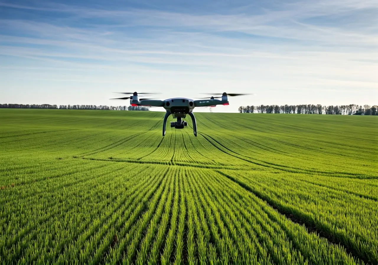 A drone flying over a vibrant, freshly plowed agricultural field. 35mm stock photo