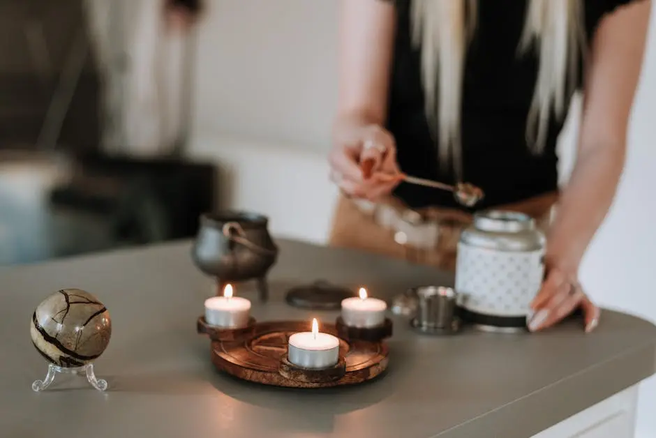 A serene ritual scene with lit candles and incense, evoking a mystical atmosphere.