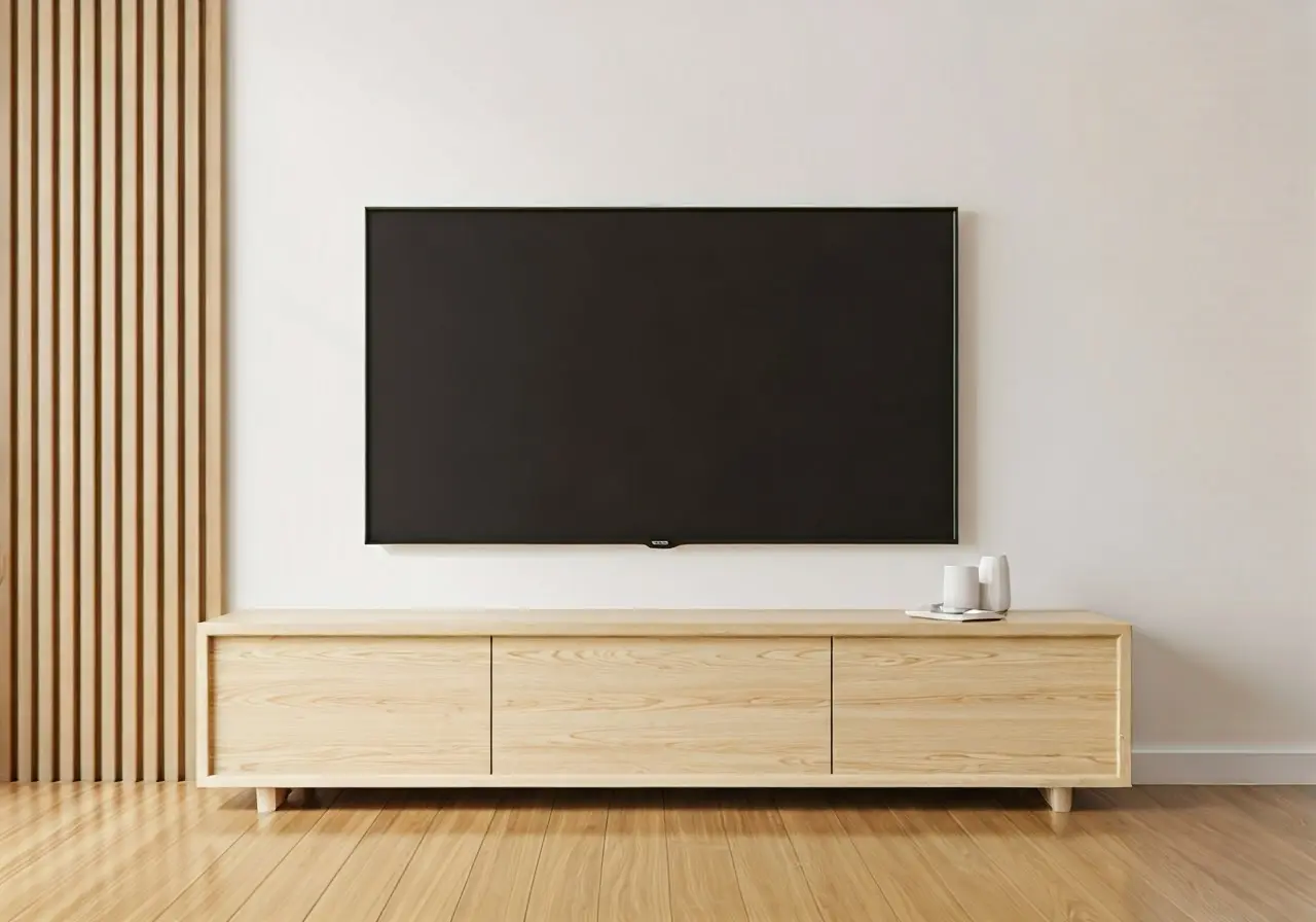 A TV mounted on a wall in a modern living room. 35mm stock photo