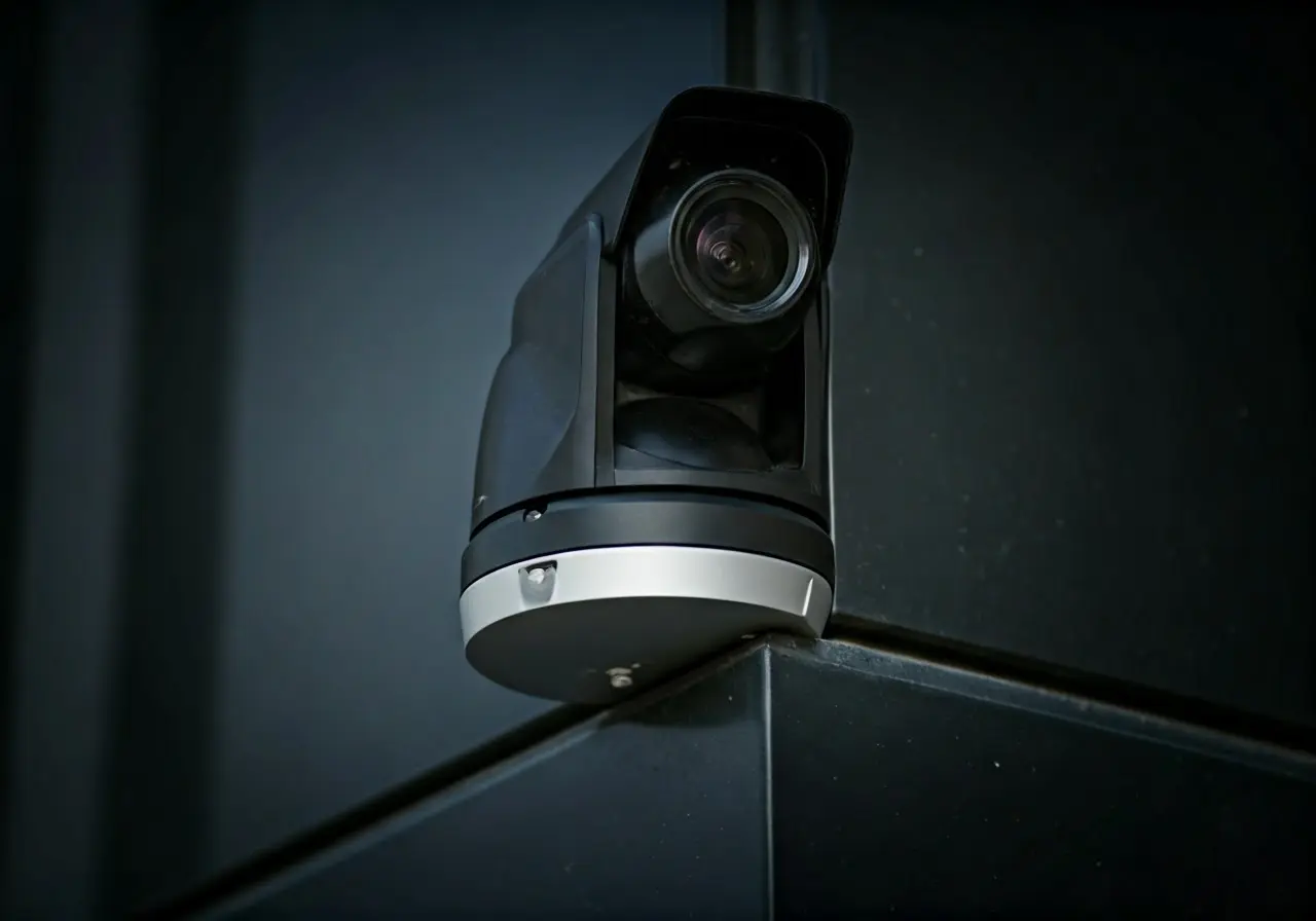 A sleek PTZ camera mounted on a building’s corner. 35mm stock photo