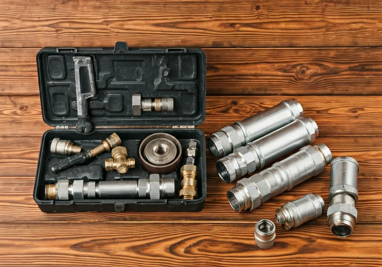 A toolbox with plumbing and heating tools on wooden surface. 35mm stock photo