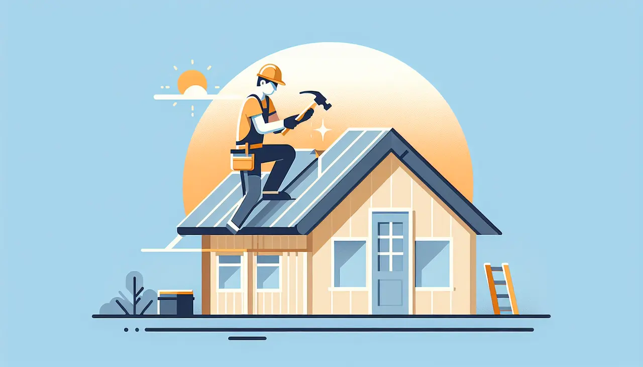 Draw a graphic in flat design style. A simple house with a worker installing a new roof under a clear blue sky.