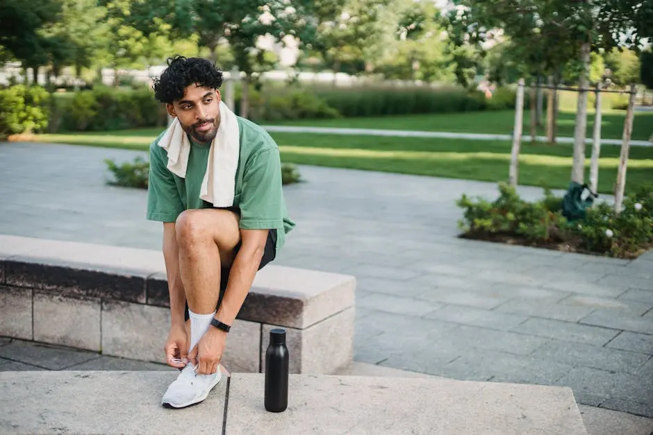 Young man tying sneakers during outdoor exercise in a sunny park setting.