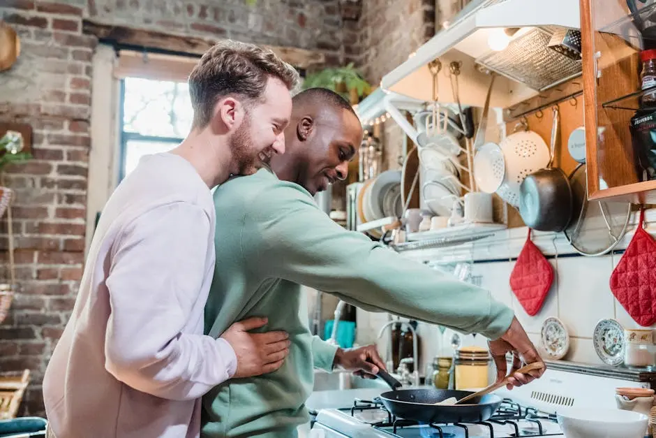 Man Embracing Boyfriend Cooking in a Kitchen