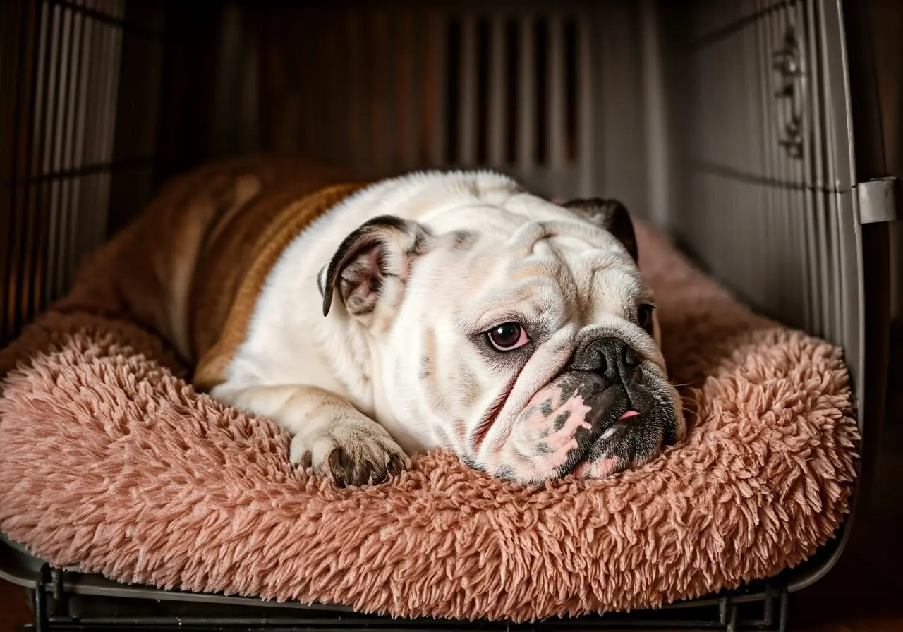 English Bulldog snuggled in a plush, cozy dog crate. 35mm stock photo