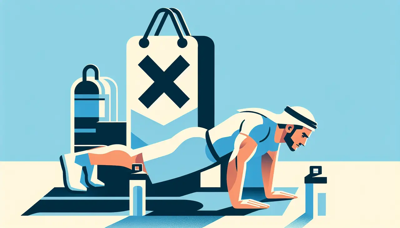 Draw a graphic in flat design style. Create an image of a person doing push-ups with a minimalistic Xpack fitness bag in the background.