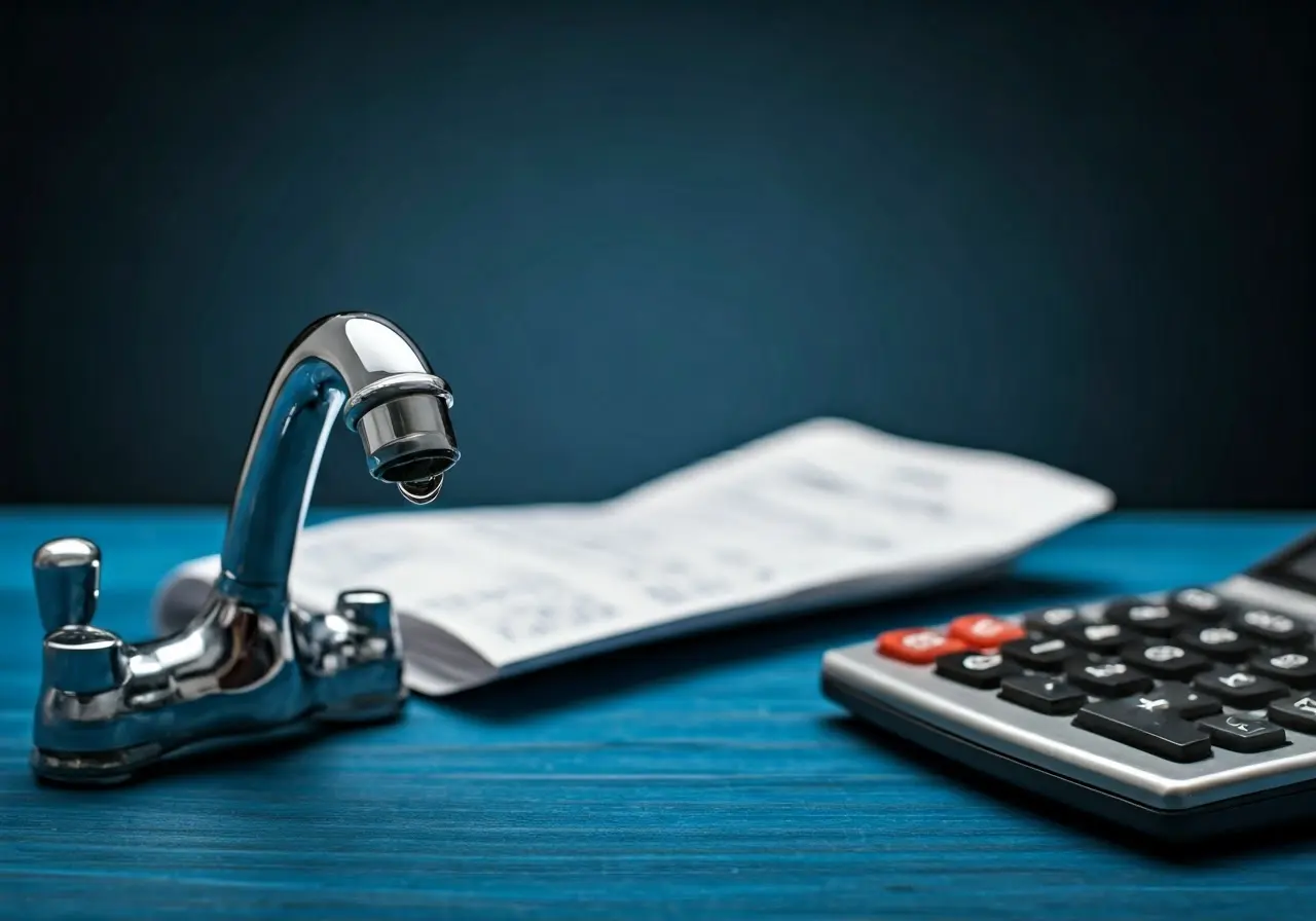 A dripping faucet with a calculator and water bill. 35mm stock photo