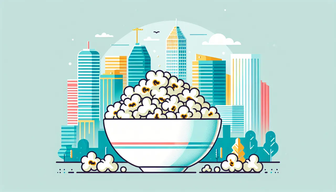 Draw a graphic in flat design style. A minimalist flat design illustration of a bowl of vegan popcorn with the Denver skyline in the background, capturing a healthy lifestyle vibe.