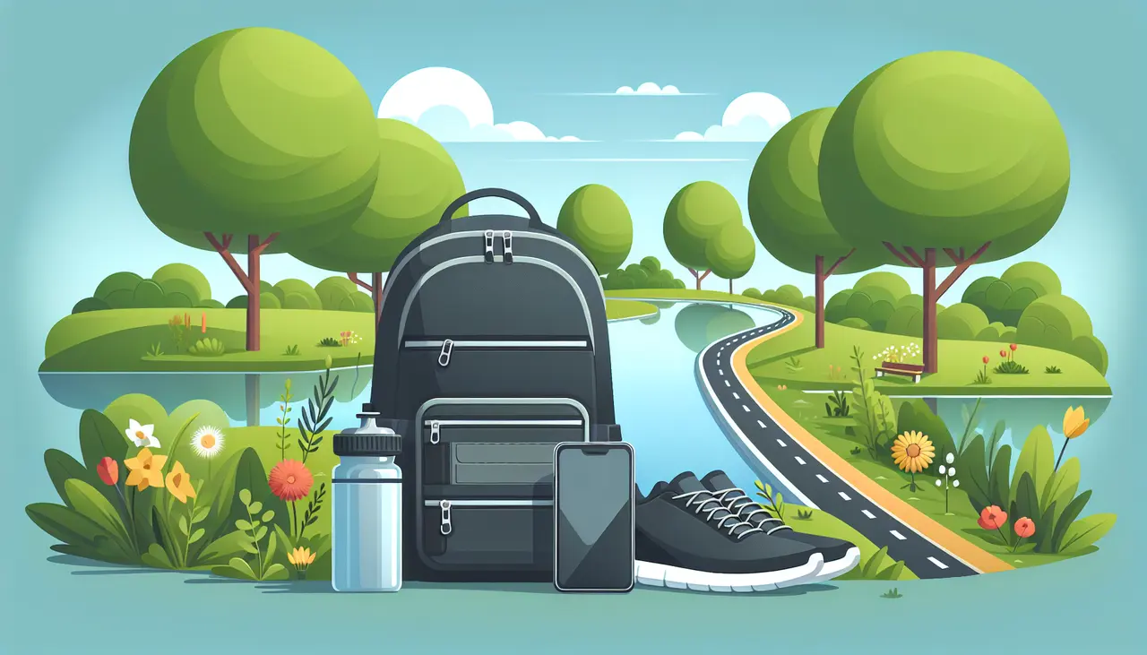 Draw a graphic in flat design style. Create an image of a sleek running backpack with pockets for a water bottle, phone, and shoes, set against a background of a scenic jogging path.